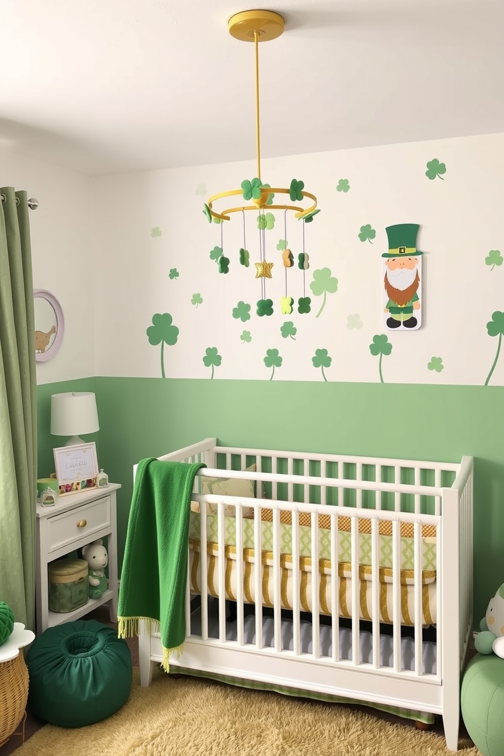 A charming nursery adorned with St. Patrick's Day themed wall art. The walls feature playful designs of shamrocks and leprechauns in soft pastel colors. Cozy decorations include plush green and gold accents throughout the room. A mobile with hanging shamrocks gently sways above the crib, creating a festive atmosphere.