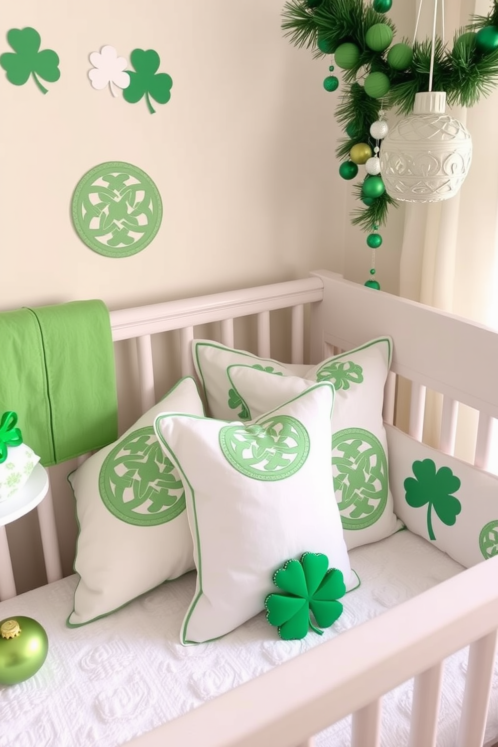 A cozy nursery featuring pillows adorned with intricate Celtic knot designs. The soft color palette creates a serene atmosphere, perfect for a child's room. For St. Patrick's Day, the space is decorated with vibrant green accents and festive ornaments. Shamrock motifs are incorporated into the decor, bringing a touch of holiday spirit to the room.