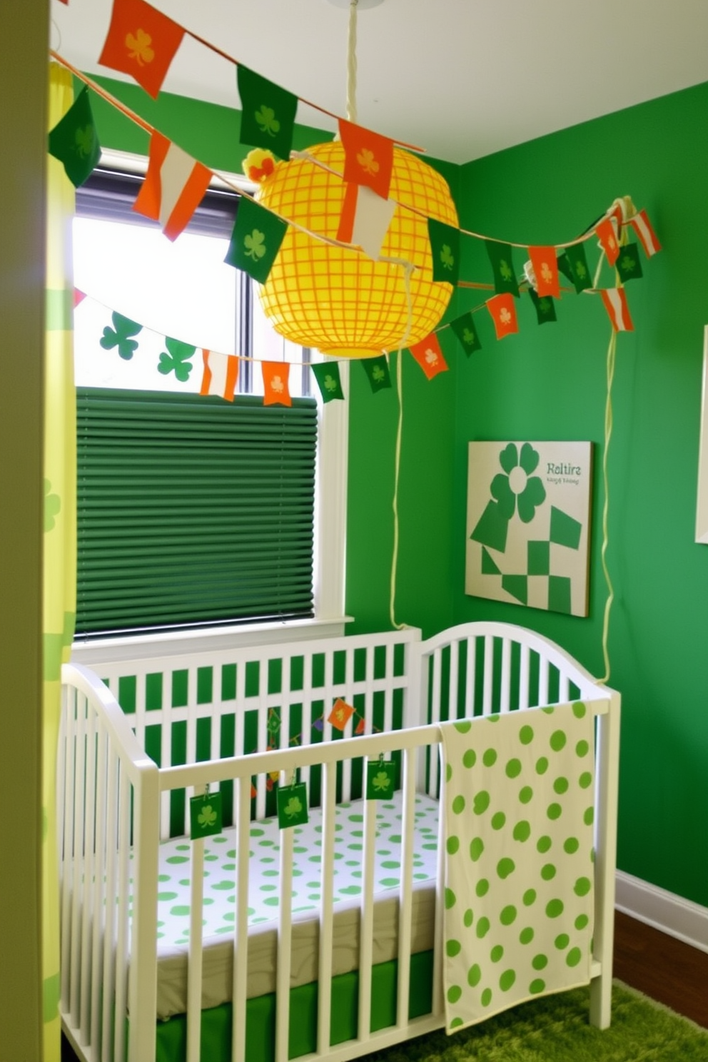 A cheerful nursery adorned with decorative Irish flag bunting strings. The vibrant green and orange colors create a festive atmosphere perfect for St. Patrick's Day celebrations.