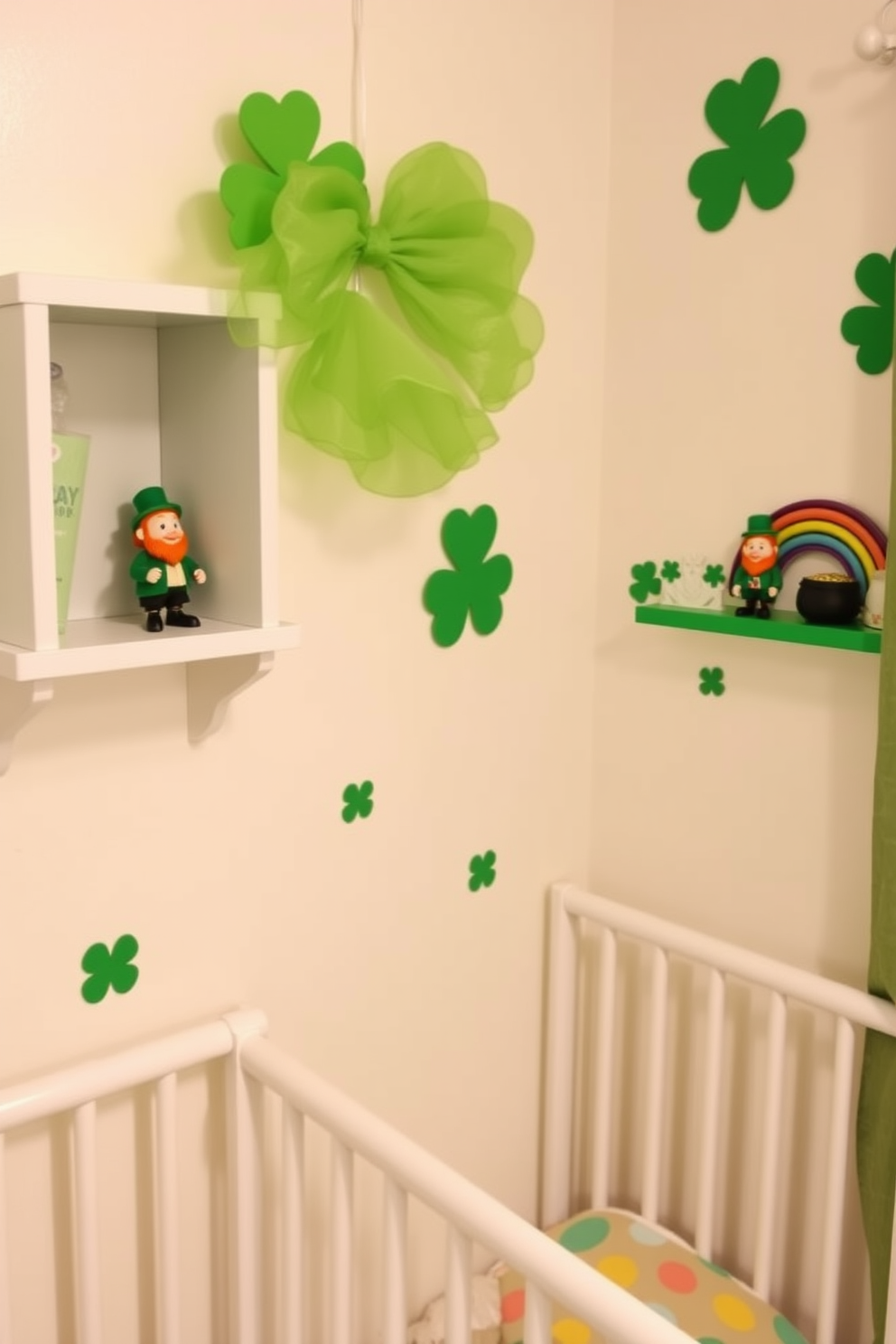 A cheerful nursery adorned with miniature leprechaun figurines placed on colorful shelves. The walls are painted in soft pastels with playful St. Patrick's Day themed decorations, creating a whimsical atmosphere.