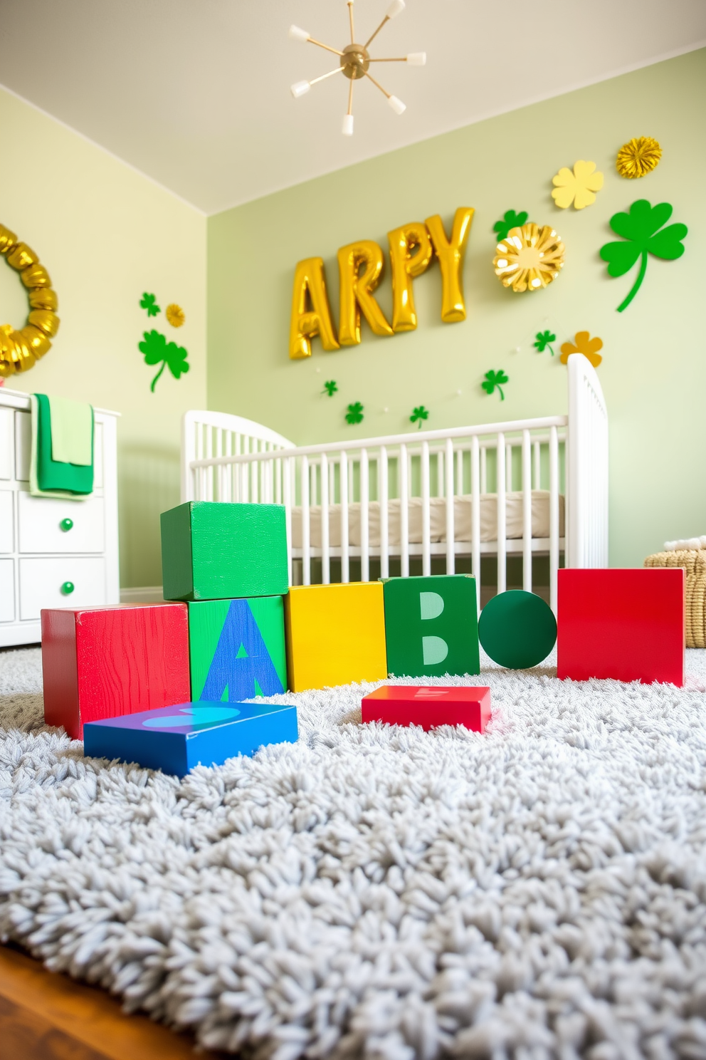 A vibrant nursery setting featuring rainbow painted wooden blocks arranged playfully on a soft, textured rug. The walls are adorned with cheerful St. Patrick's Day decorations, including shamrocks and golden accents, creating a festive atmosphere.