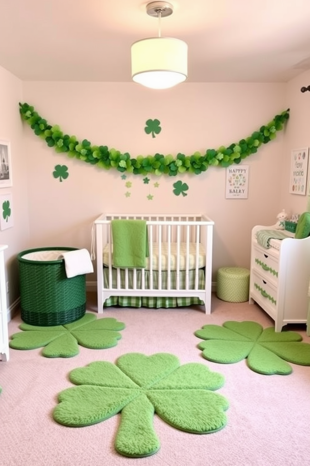 A cozy nursery adorned with shamrock shaped rugs that provide comfort and warmth. The walls are painted in soft pastel colors, and playful St. Patrick's Day decorations, such as green garlands and cheerful wall art, enhance the festive atmosphere.