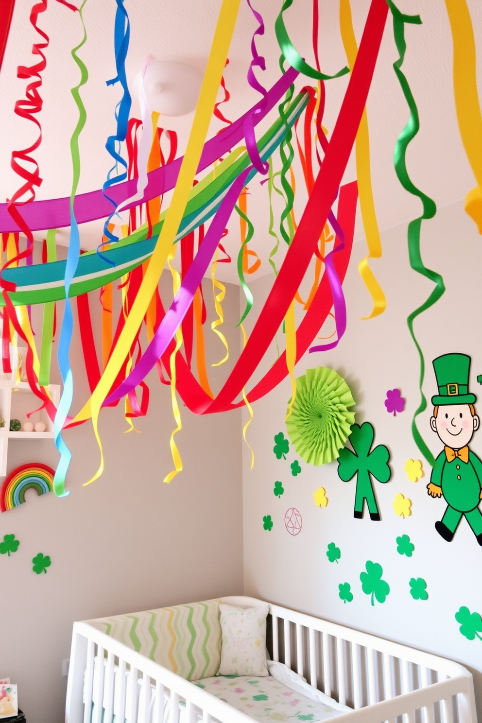 A vibrant nursery filled with colorful rainbow streamers hanging from the ceiling creates a joyful atmosphere. The walls are adorned with playful St. Patrick's Day decorations featuring shamrocks and leprechauns, adding a festive touch to the space.