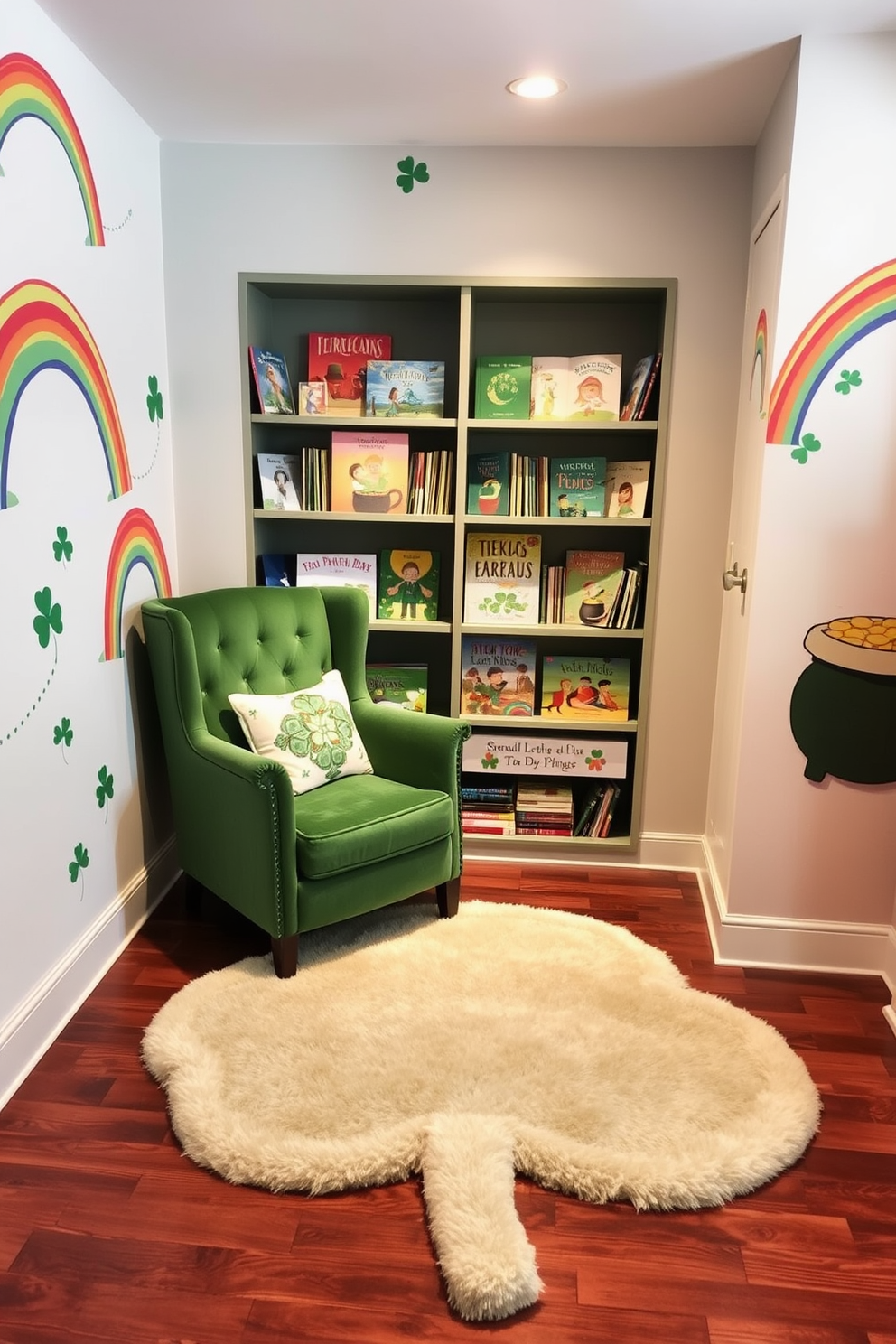 A whimsical storybook corner designed for St. Patrick's Day. It features a cozy reading nook with a green velvet armchair surrounded by shelves filled with children's books about leprechauns and shamrocks. The walls are adorned with playful murals of rainbows and pots of gold. A soft, plush rug in the shape of a clover lies on the floor, creating a warm and inviting space for little ones to enjoy their stories.