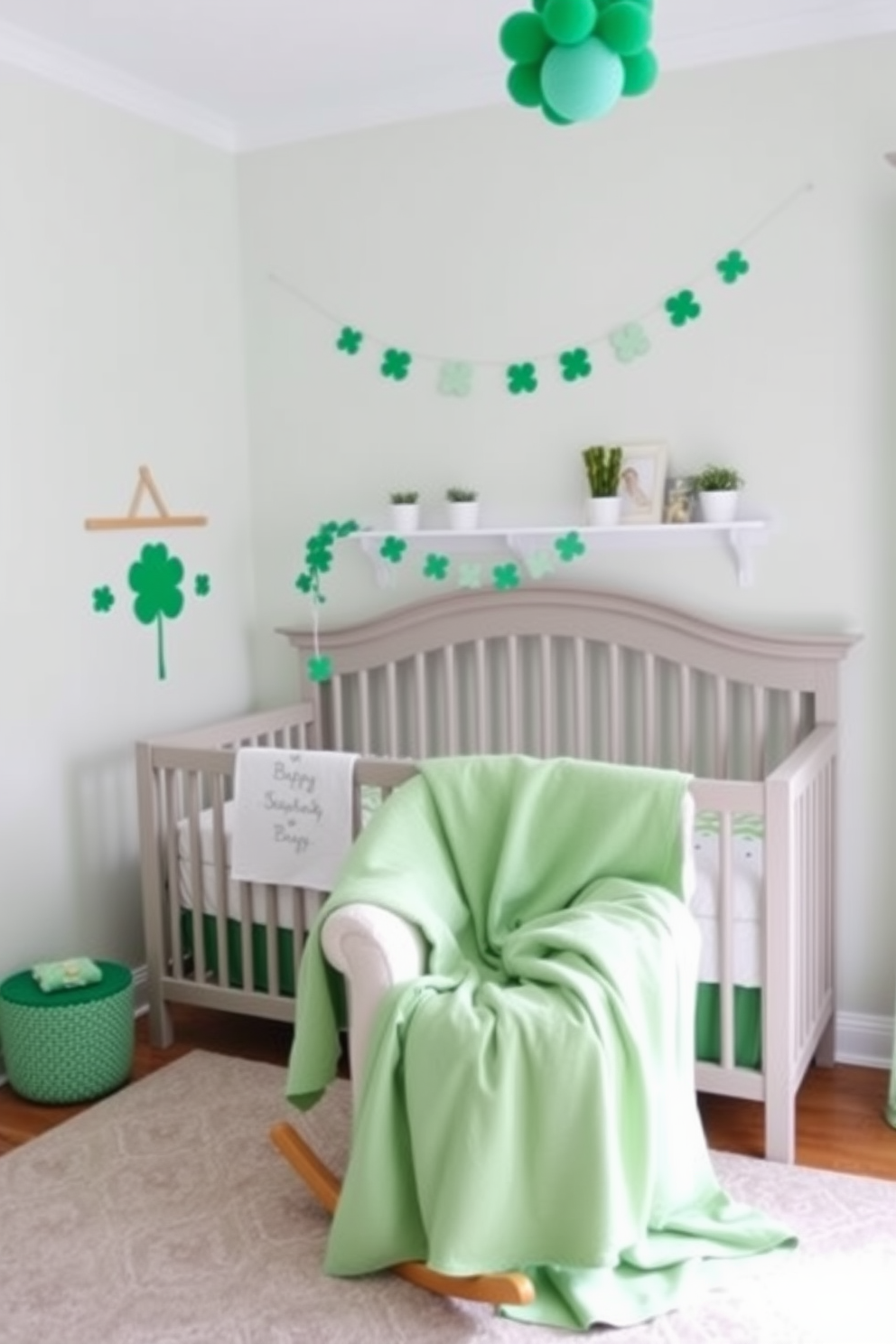 A serene nursery adorned with soft green blankets draped over a plush rocking chair. The walls are painted in a gentle pastel hue, creating a calming atmosphere perfect for a baby's room. For St. Patrick's Day, the space is decorated with cheerful green accents and whimsical shamrock motifs. A festive garland hangs above the crib, while small potted plants add a touch of nature to the cheerful decor.