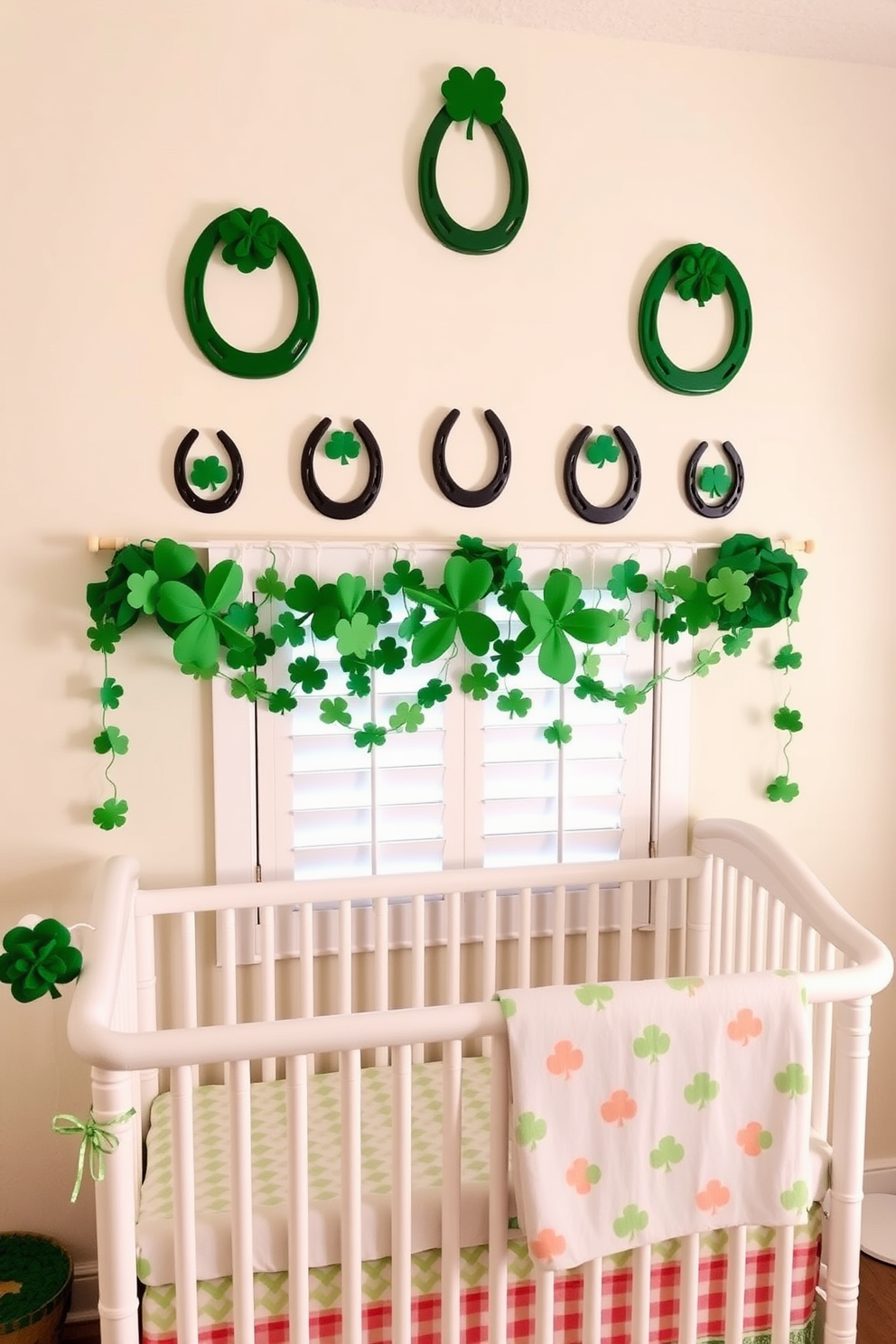 A charming nursery featuring lucky horseshoe wall hangings. The walls are painted in soft pastel colors, and the horseshoes are arranged in a playful pattern above a cozy crib. St. Patrick's Day decorations adorn the space with green accents and whimsical touches. A festive garland of shamrocks hangs above the window, complementing the horseshoe decor beautifully.