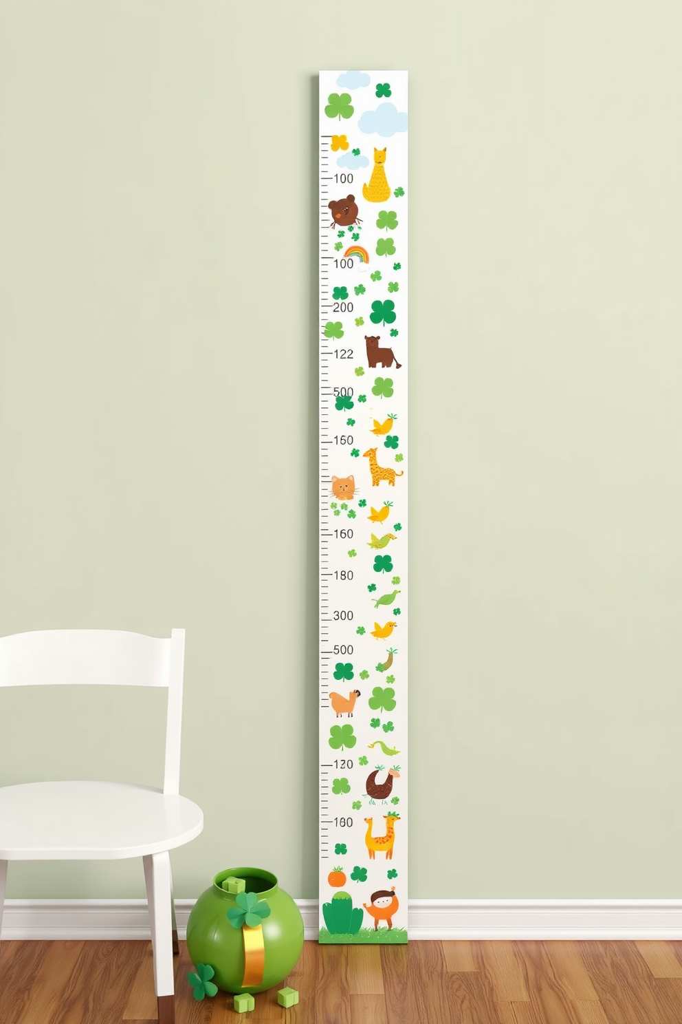 A whimsical growth chart for children featuring playful illustrations of animals and trees. The chart is designed with vibrant colors and a fun font that encourages kids to track their height as they grow. St. Patricks Day decorating ideas that include green and gold accents throughout the home. Incorporate shamrock motifs and festive table settings to create a cheerful and inviting atmosphere for the holiday.