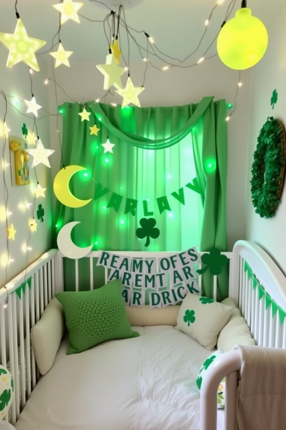 A whimsical nursery setting adorned with fairy lights shaped like stars and moons. The soft glow of the lights creates a magical atmosphere, enhancing the playful decor of the room. For St. Patrick's Day, the space is decorated with vibrant green accents and festive shamrocks. A cozy reading nook features plush cushions and a cheerful banner, inviting children to celebrate the holiday in style.