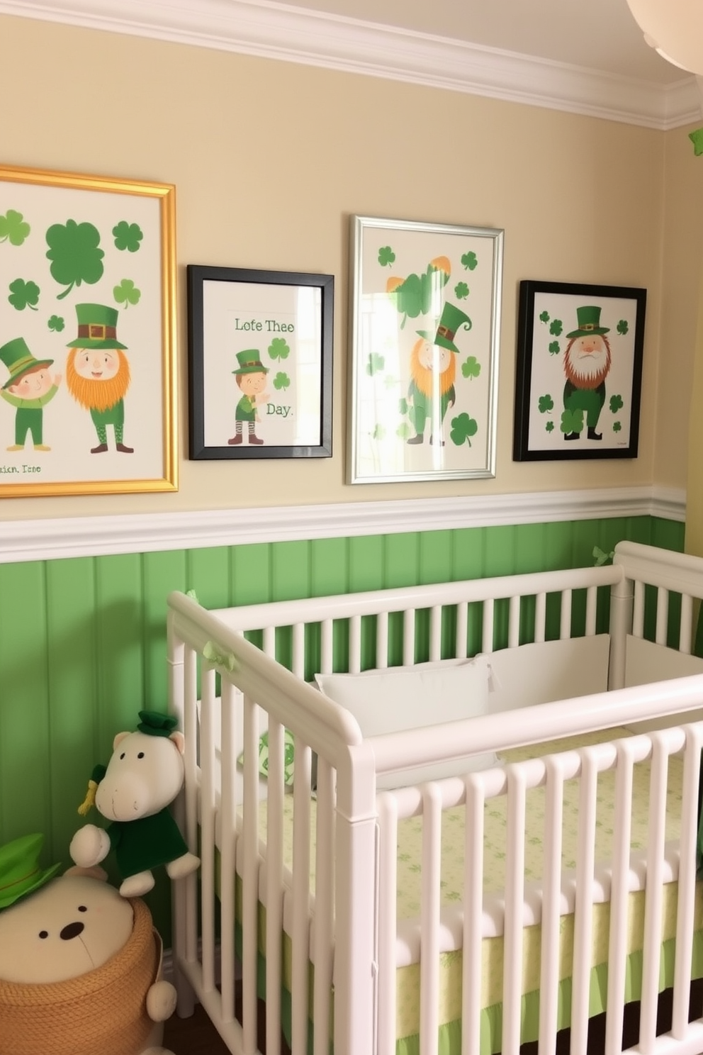 A cozy nursery adorned with St. Patrick's Day themed artwork. The walls are decorated with framed prints featuring playful leprechauns and shamrocks in vibrant greens and golds. Soft pastel colors complement the festive decor, creating a warm and inviting atmosphere. Plush toys and green accents add a touch of whimsy, making it a perfect space for celebrating the holiday.