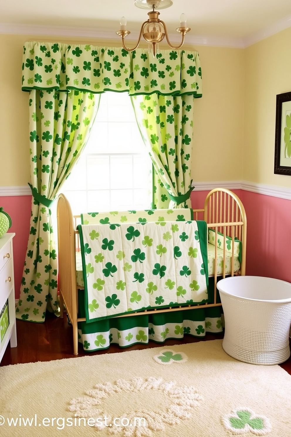 A charming nursery adorned with clover patterned fabric. The walls are painted in soft pastel colors, creating a warm and inviting atmosphere for a St. Patrick's Day celebration. A cozy crib is draped with a clover patterned quilt, complemented by matching curtains that frame the window. A plush area rug featuring subtle green hues ties the room together, adding comfort and style.