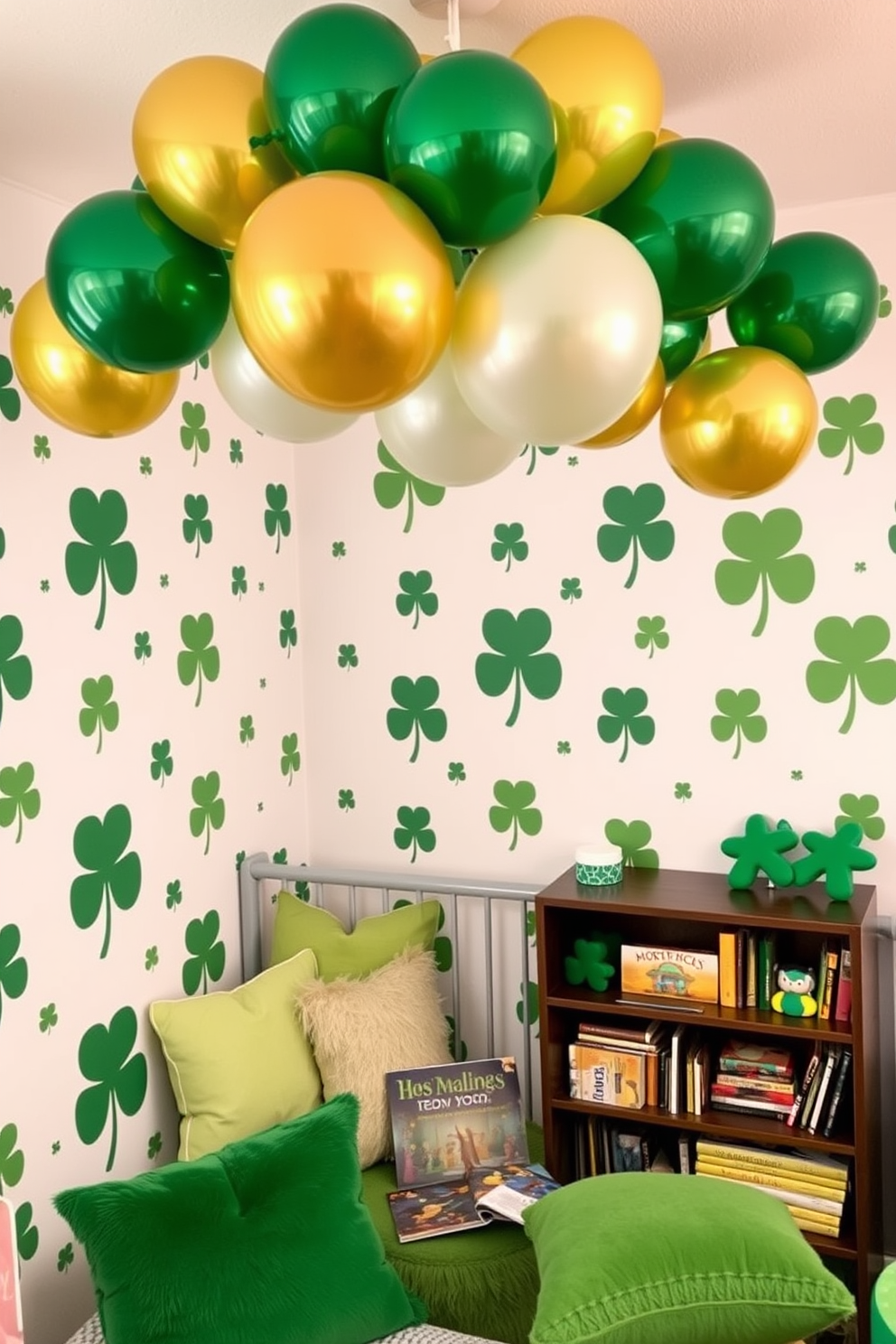 A vibrant nursery decorated for St. Patrick's Day features an array of green and gold balloons floating above. The walls are adorned with cheerful shamrock patterns, and a cozy reading nook is set up with plush green cushions and a small bookshelf filled with festive books.