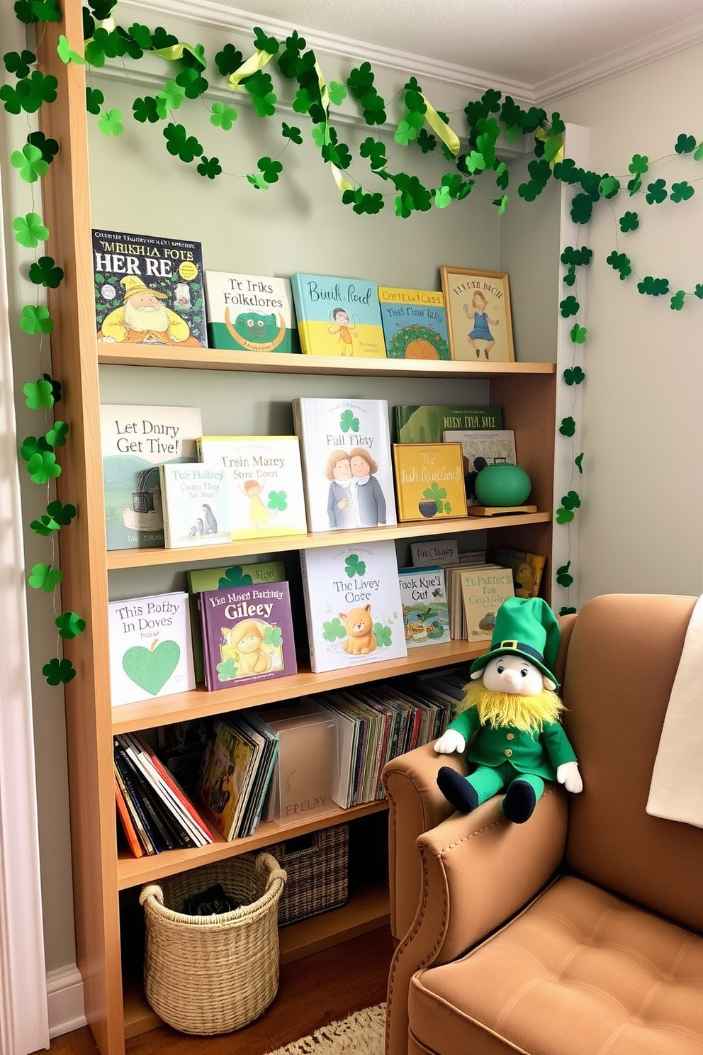 A cozy nursery filled with Irish folklore themed storybooks is beautifully arranged on a wooden bookshelf. Soft green and gold accents create a whimsical atmosphere, inviting children to explore the magic of Irish tales. For St. Patrick's Day decorating ideas, the room features playful shamrock garlands draped across the walls. A cheerful leprechaun plush toy sits on a comfy armchair, adding a festive touch to the space.