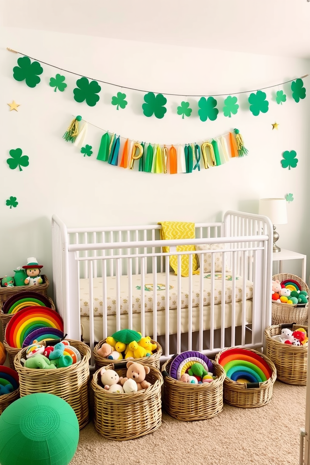 A vibrant nursery filled with rainbow colored toys neatly arranged in wicker baskets. The walls are painted a soft pastel hue, creating a cheerful and inviting atmosphere. St. Patrick's Day decorations adorn the space, featuring green shamrocks and gold accents. A festive garland hangs above the crib, adding a playful touch to the room.