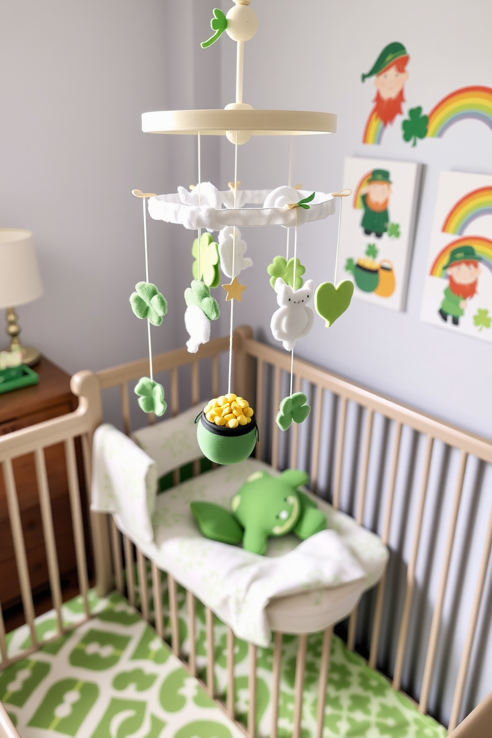 A charming St. Patrick's Day themed crib mobile hangs gently above the crib, featuring felt shamrocks, leprechauns, and pots of gold. The mobile is adorned with soft pastel colors of green and gold, creating a whimsical atmosphere for the nursery. The nursery is decorated with St. Patrick's Day accents, including a cozy green and white patterned rug and wall art showcasing cheerful leprechauns and rainbows. Soft plush toys in the shapes of shamrocks and clovers are placed in the crib, adding to the festive theme.