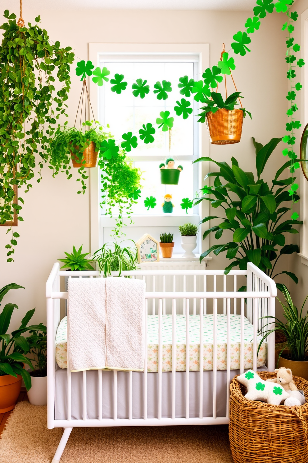 A serene nursery featuring nature inspired decor with abundant greenery. Soft pastel colors adorn the walls, while potted plants and hanging planters create a calming atmosphere. Festive St. Patrick's Day decorations fill the space with vibrant green accents. Shamrock garlands and gold accents bring a cheerful touch to the room, celebrating the holiday spirit.