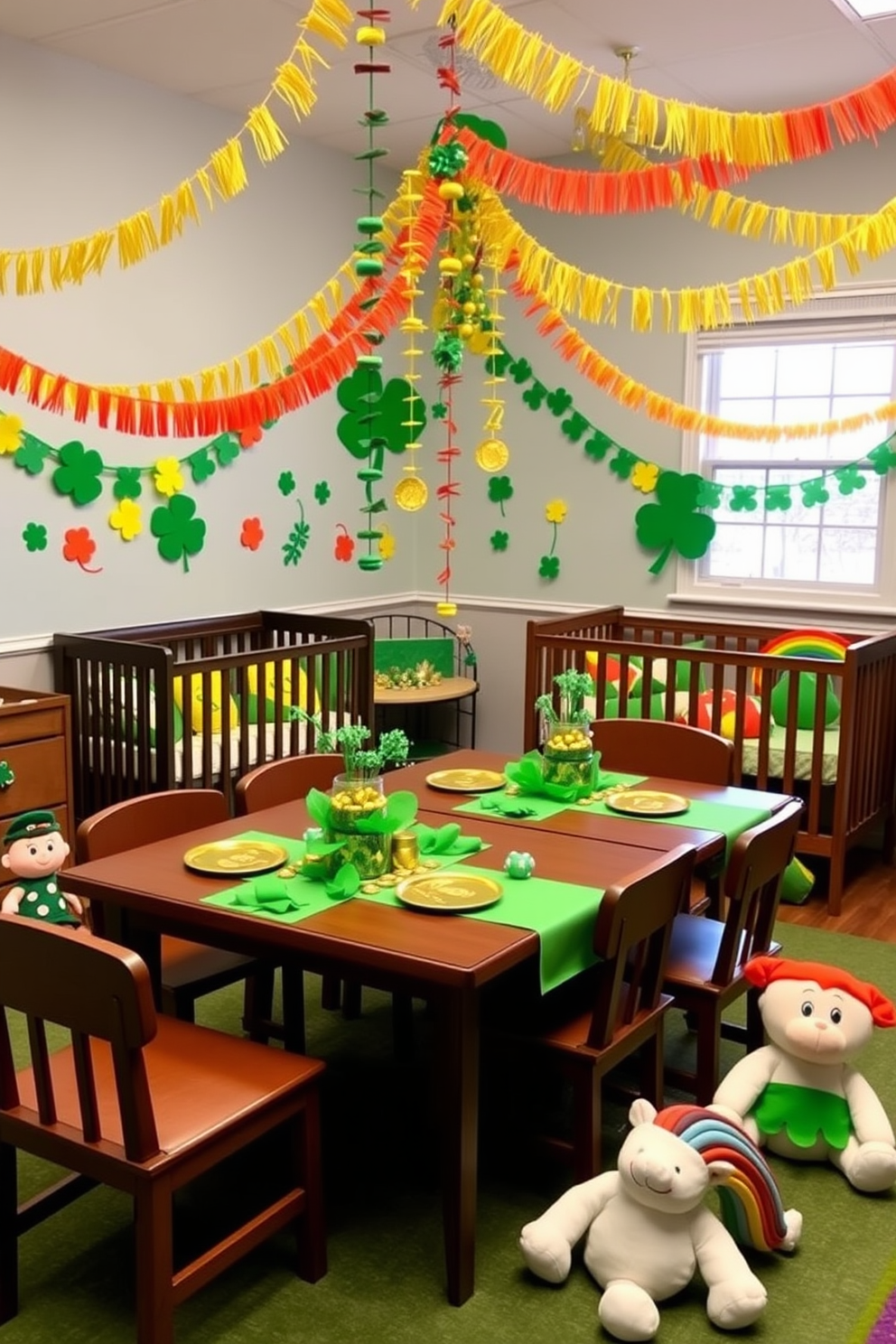 A vibrant nursery adorned with whimsical St. Patrick's Day decorations. The tables feature gold coin centerpieces surrounded by playful green accents and cheerful shamrocks. Brightly colored garlands hang from the ceiling, creating a festive atmosphere. Plush toys in the shape of leprechauns and rainbows are scattered throughout the room, adding a touch of magic.