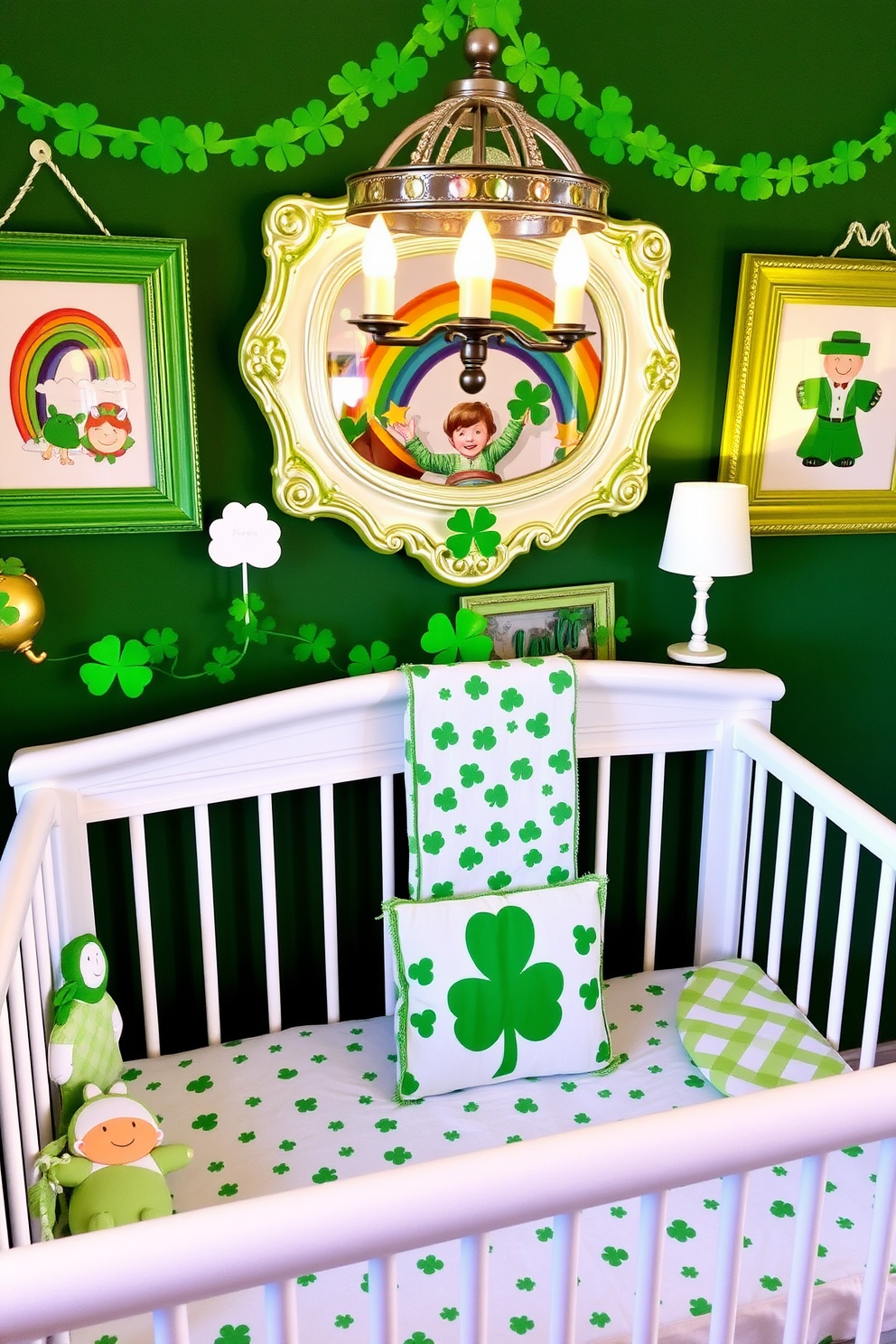 A charming nursery adorned with lucky charm themed picture frames. The frames feature vibrant colors and whimsical designs, creating a playful atmosphere perfect for a child's room. St. Patricks Day decorations add a festive touch to the space. Shamrock accents and green hues enhance the cheerful vibe, making the nursery a delightful celebration of the holiday.