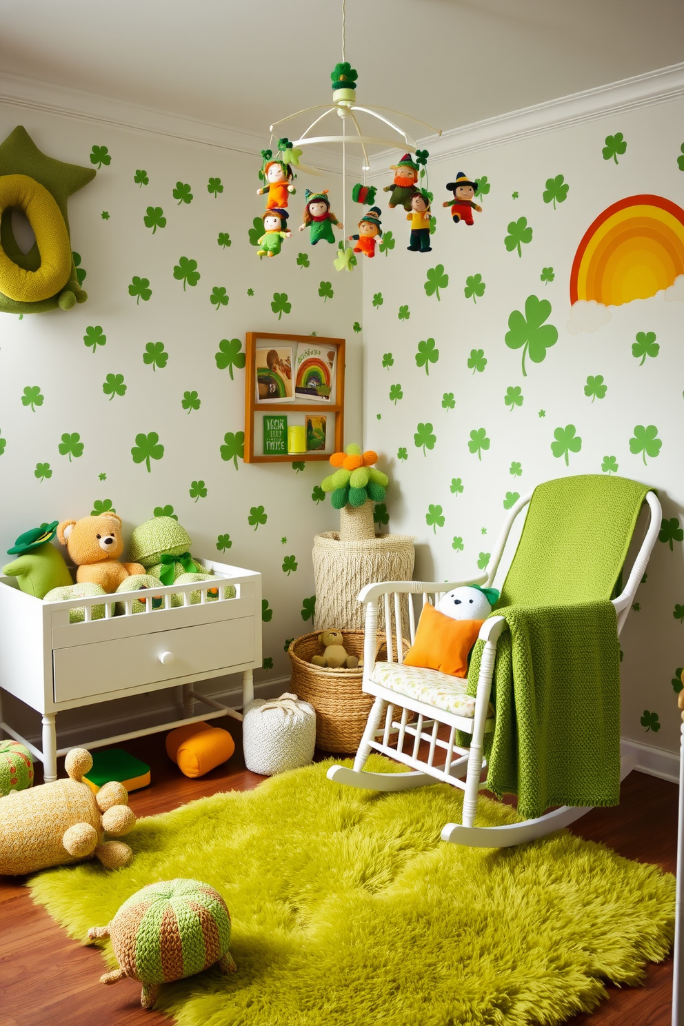 A cozy nursery decorated for St. Patrick's Day features plush toys in various shades of green and gold. The walls are adorned with whimsical shamrock patterns, and a soft, green rug adds warmth to the space. In one corner, a charming rocking chair is draped with a festive green blanket. A mobile overhead showcases cute leprechauns and rainbows, creating a delightful atmosphere for little ones.