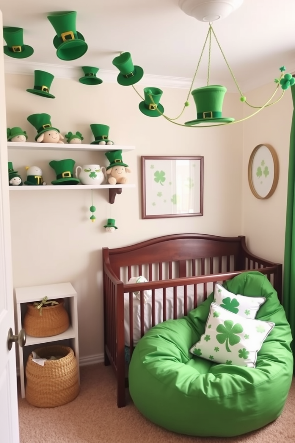 A charming nursery decorated for St. Patrick's Day features leprechaun hats as playful decor accents. The hats are scattered on shelves and hung from the ceiling, adding a festive touch to the soft pastel color palette. Incorporate plush toys dressed in green and gold to complement the theme. A cozy reading nook with a green bean bag and themed cushions creates a welcoming space for little ones.