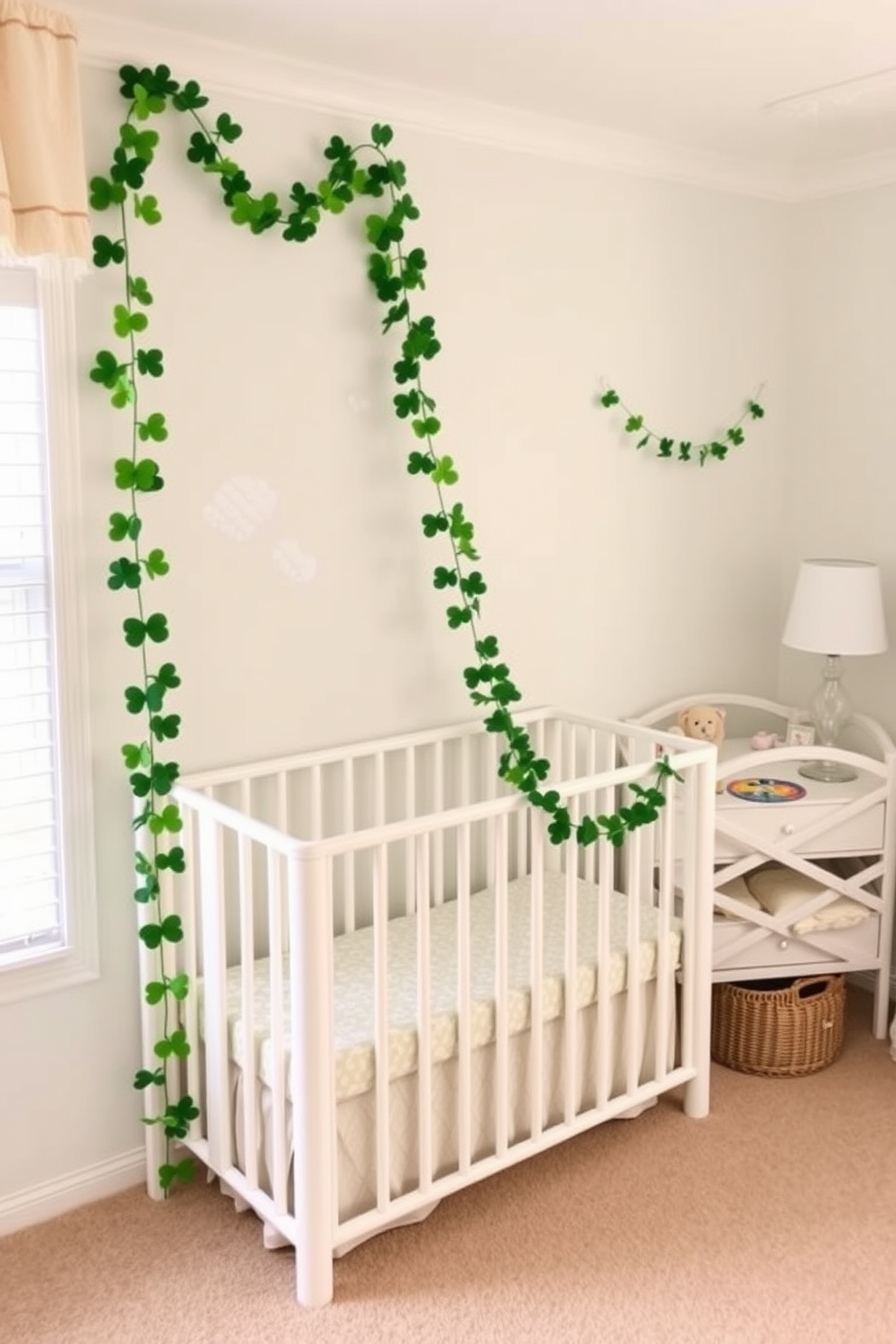 A charming nursery adorned with a four leaf clover garland that gracefully drapes across the wall. The soft pastel colors of the room create a warm and inviting atmosphere, perfect for celebrating St. Patrick's Day.