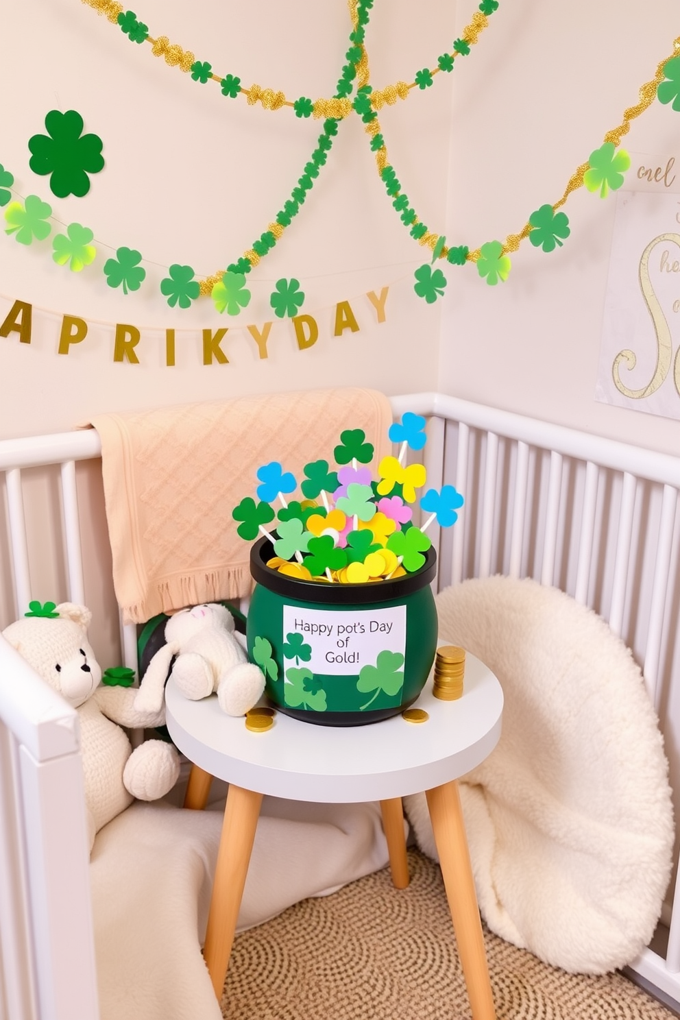 A charming nursery display featuring a pot of gold craft project. The pot is filled with colorful paper shamrocks and golden coins, surrounded by soft pastel toys and a cozy blanket. The walls are adorned with cheerful St. Patrick's Day decorations, including garlands of green and gold. A small table showcases the craft project, inviting creativity and festive spirit in the space.