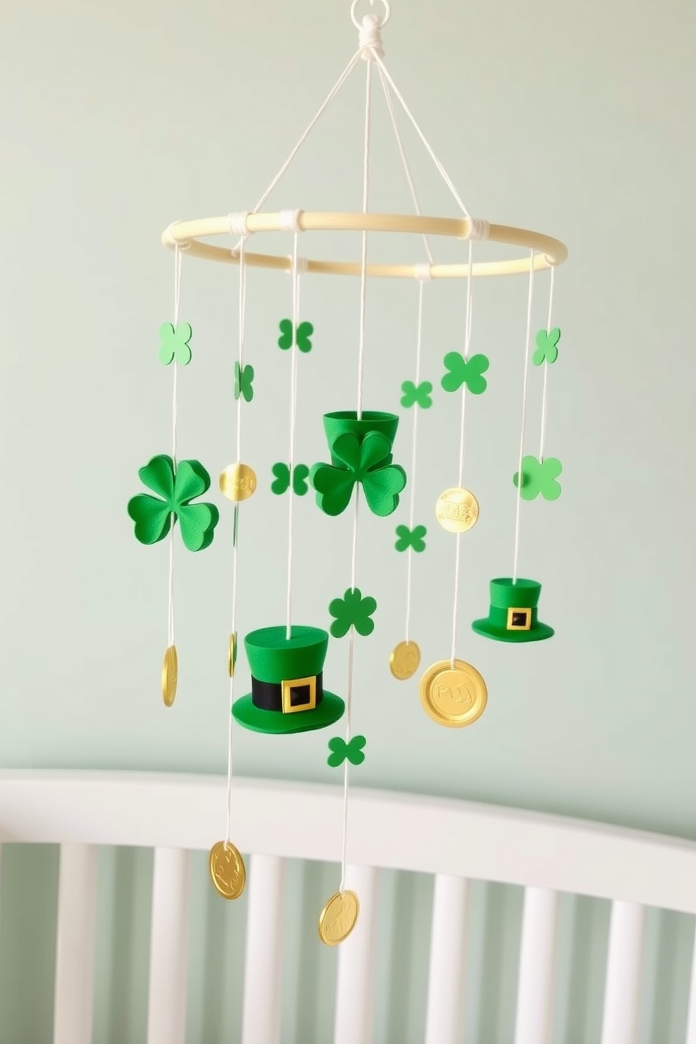 Create a whimsical lucky charm mobile for a crib that features various green and gold elements inspired by St. Patrick's Day. Include shamrocks, leprechaun hats, and gold coins hanging from delicate strings, all set against a soft pastel background.