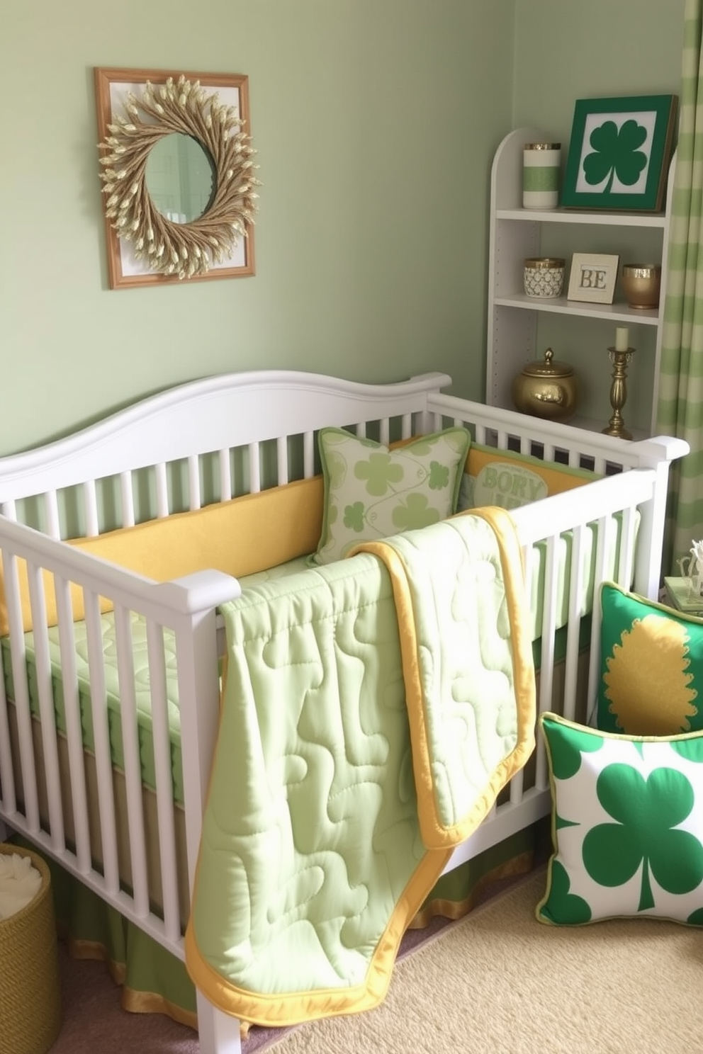 A serene nursery featuring a green and gold themed bedding set. The crib is adorned with a soft green quilt and gold accent pillows, creating a cozy and inviting atmosphere. For St. Patrick's Day decorating ideas, the room is filled with cheerful green accents. Shamrock-patterned throw pillows and gold decorative items add a festive touch to the overall decor.