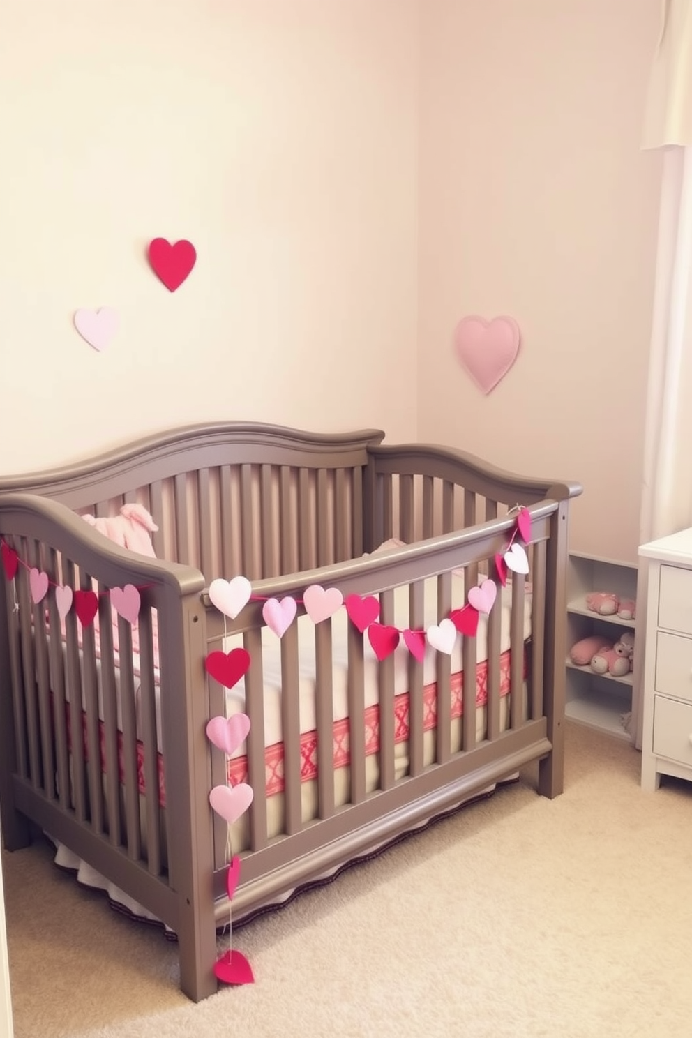 A charming nursery adorned with a heart garland draped gracefully across the crib. Soft pastel colors dominate the room, creating a warm and inviting atmosphere for Valentine's Day celebrations.