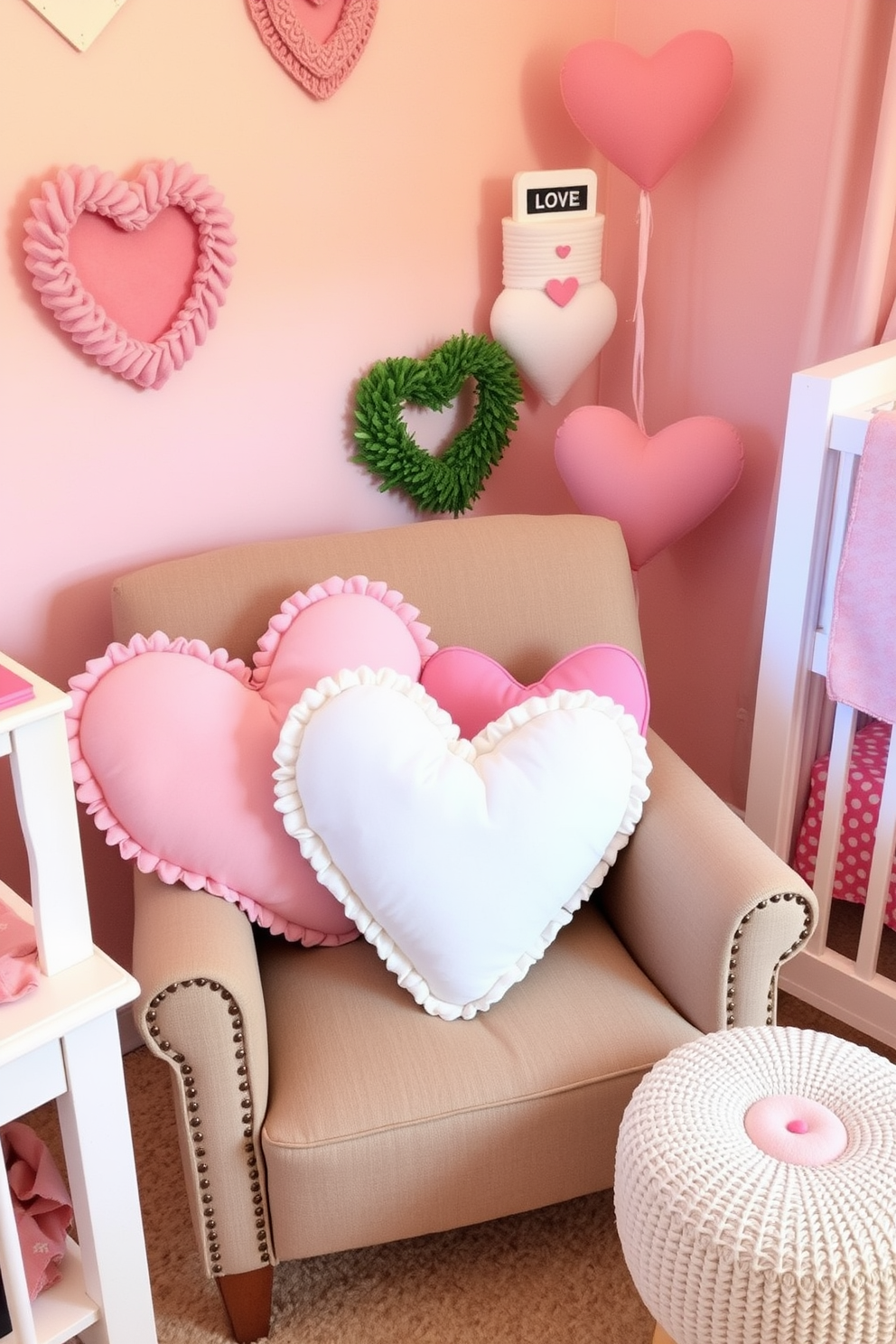 Heart shaped throw pillows are arranged on a cozy chair, adding a touch of warmth and love to the nursery. Soft pastel colors dominate the decor, creating a serene and inviting atmosphere perfect for Valentine's Day.