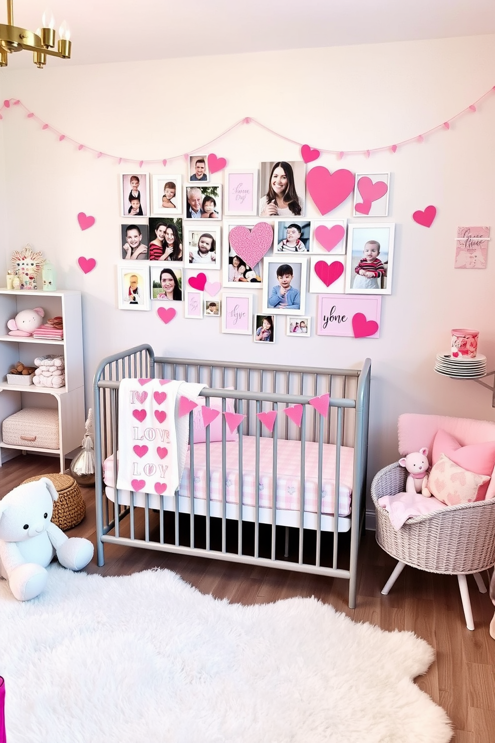 A charming nursery adorned with a sweetheart photo collage on the wall. The collage features a mix of family photos and heart-themed artwork, creating a warm and loving atmosphere for the space. Soft pastel colors dominate the decor, with shades of pink and mint green complementing the theme. Cozy elements like plush toys and a soft area rug add comfort, while festive Valentine's Day decorations include heart-shaped garlands and whimsical accents.