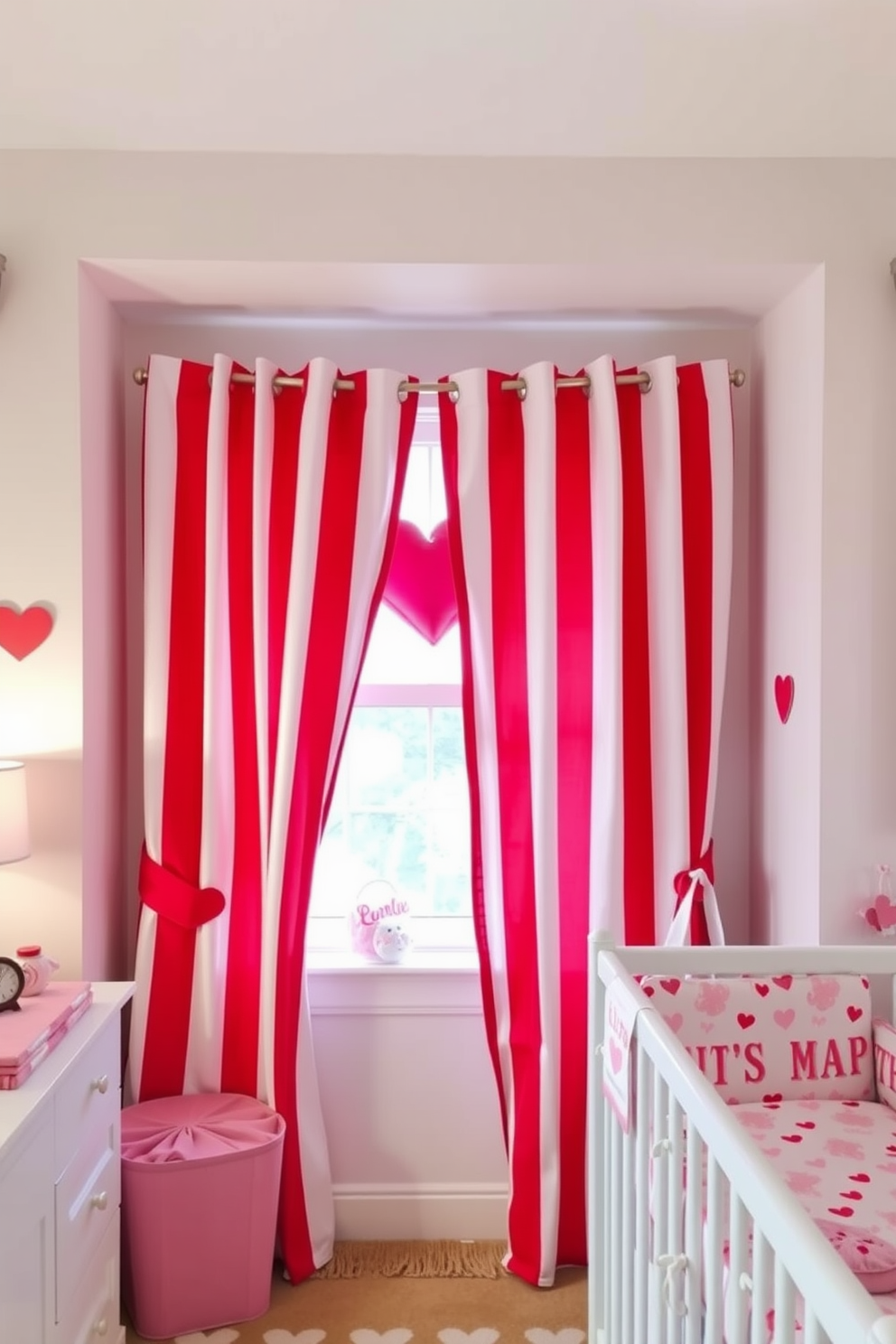 A cozy nursery adorned with red and white striped curtains that frame a cheerful window. The room features soft pastel accents and playful decor, creating a warm and inviting atmosphere for Valentine's Day celebrations.