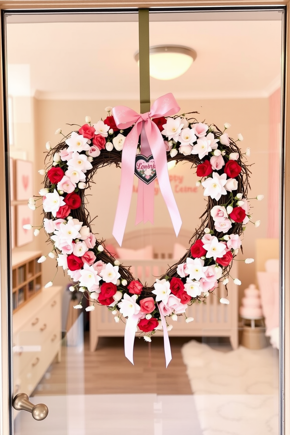 A heart shaped wreath is beautifully hung on the front door creating a warm and inviting entrance. The wreath is adorned with soft pink and red flowers along with delicate ribbons for a charming Valentine's Day touch. Inside the nursery, subtle Valentine's Day decorations add a playful yet cozy atmosphere. Soft heart-shaped pillows and gentle pastel colors complement the room's design, creating a loving space for your little one.