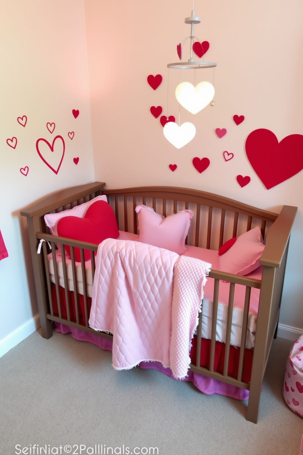 A charming nursery decorated for Valentine's Day features a cozy crib with a soft bedding set adorned in pastel pinks and reds. Heart-shaped pillows and a plush throw blanket add a touch of warmth, while wall decals of love-themed motifs create a playful atmosphere. The room is illuminated by a gentle nightlight shaped like a heart, casting a soft glow. A mobile with hanging hearts sways above the crib, complementing the sweet theme of love and affection.