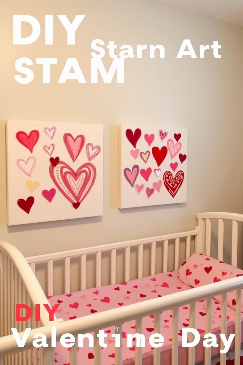 A charming nursery adorned with DIY heart stamp art on canvas. The walls are painted in soft pastels, and colorful heart-shaped stamps create a playful and loving atmosphere for Valentine's Day.