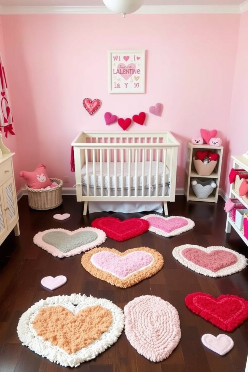 A cozy nursery adorned with colorful heart-shaped rugs scattered across the floor. The walls are painted in soft pastel colors, creating a warm and inviting atmosphere perfect for Valentine's Day decorating ideas.