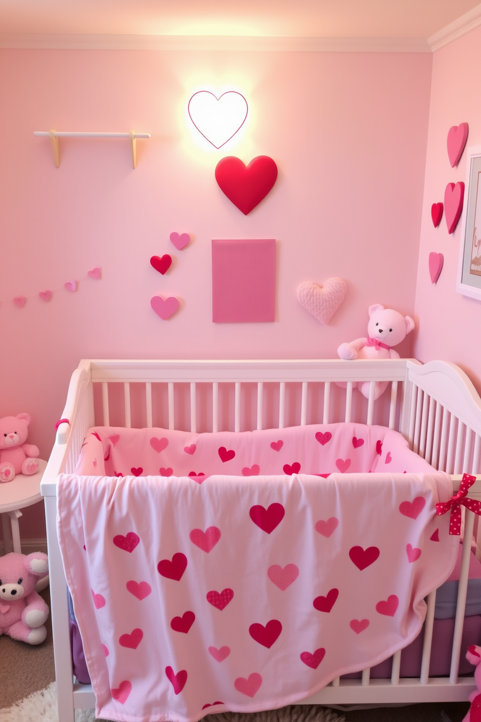 A cozy nursery adorned with Valentine-themed decorations. Soft pastel colors dominate the space, with heart-shaped wall art and plush toys scattered around. A charming night light shaped like a heart casts a warm glow throughout the room. The crib is draped with a light pink blanket featuring cheerful Valentine motifs, creating a loving atmosphere.