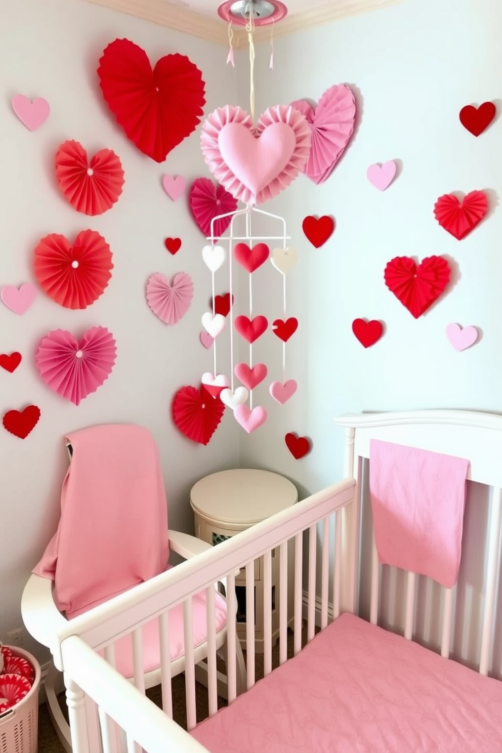 Create a charming nursery decorated for Valentine's Day. Adorn the walls with cupcake liner heart decorations in various shades of pink and red, creating a whimsical and festive atmosphere. Place a cozy rocking chair in the corner, draped with a soft pink throw blanket. Add a playful mobile above the crib featuring cupcake liner hearts and delicate pastel elements.