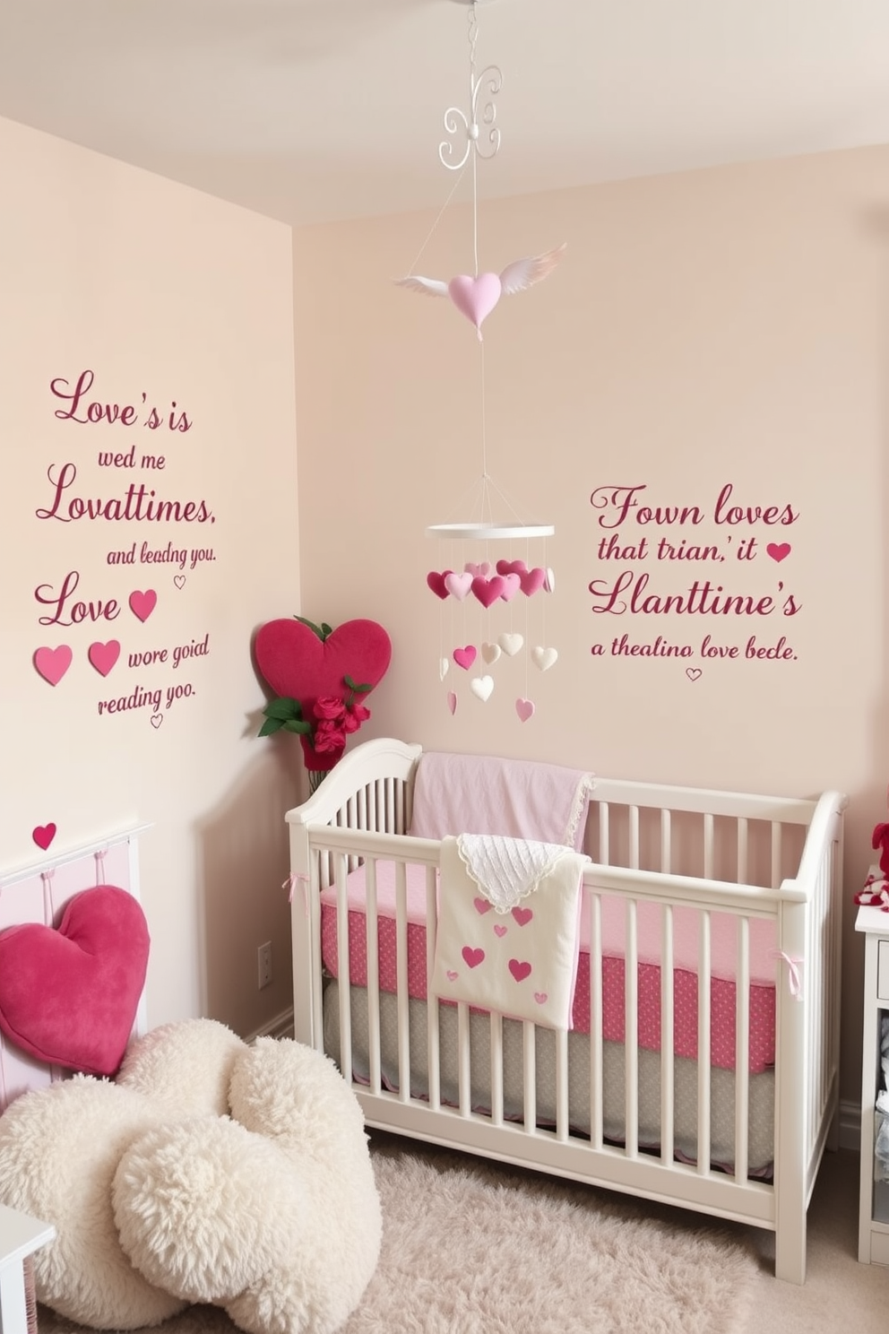 A charming nursery decorated with love quote wall decals. The walls are painted in soft pastel colors, and the decals feature heartwarming phrases in elegant typography. Adorable Valentine's Day decorations fill the space, including plush heart-shaped pillows and a cozy reading nook. A whimsical mobile hangs above the crib, adding a touch of magic to the room.