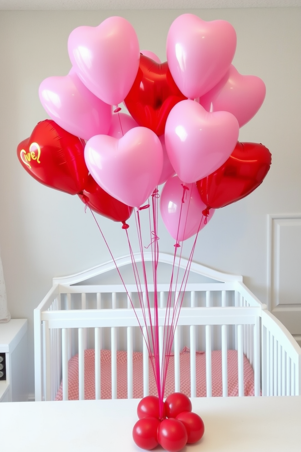 A vibrant bouquet of red and pink balloons creates a cheerful centerpiece for a nursery. The balloons are arranged in varying heights, adding dimension and playfulness to the Valentine's Day decor.