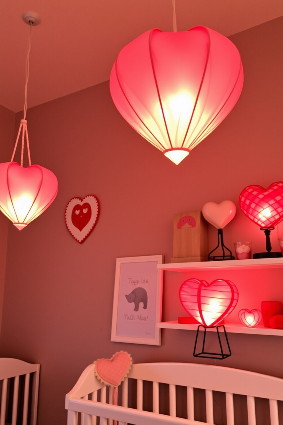 Heart shaped lanterns cast a warm and inviting glow in a nursery setting. They are suspended from the ceiling and placed on shelves, adding a whimsical touch to the Valentine's Day decor.