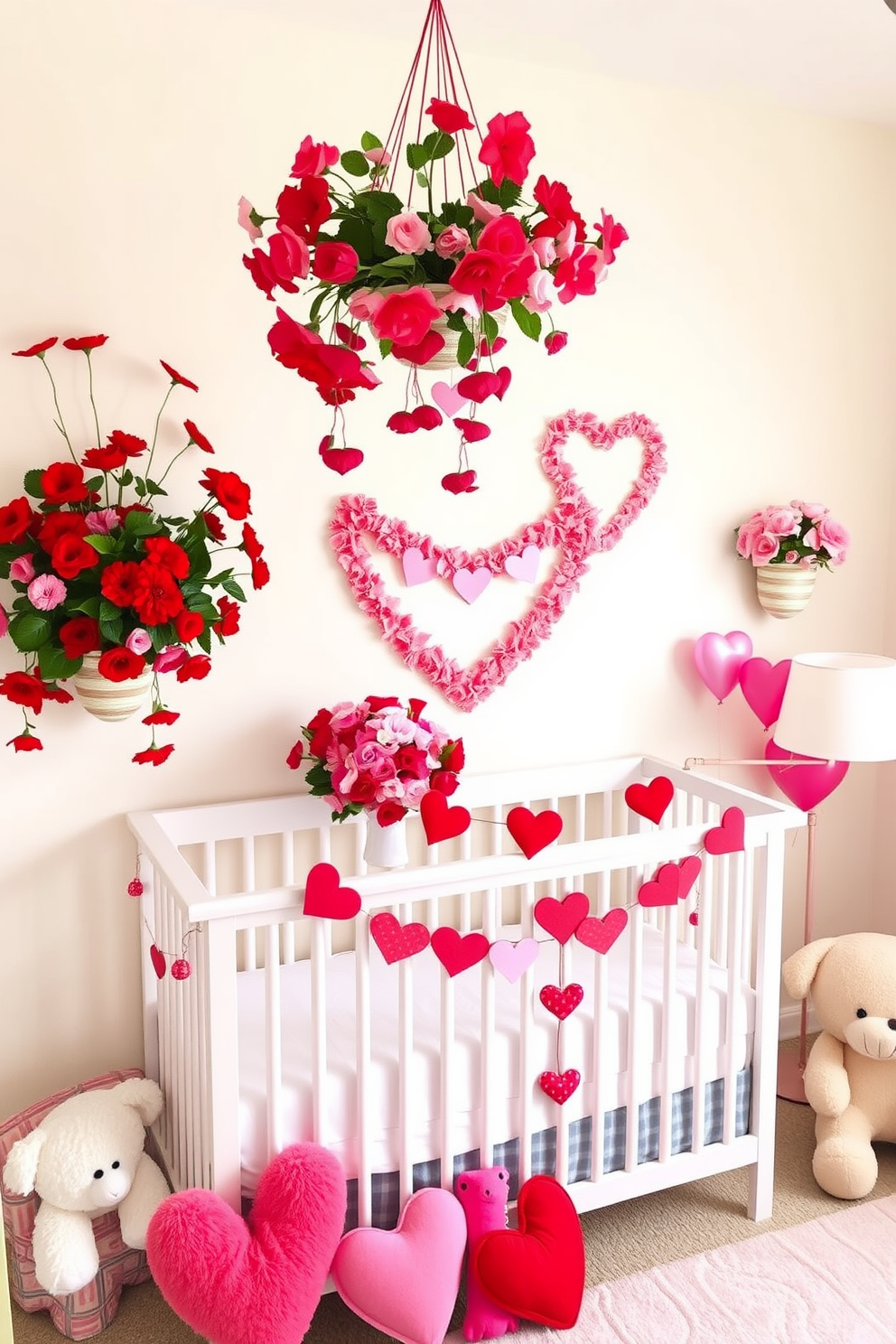 A charming nursery adorned with vibrant red and pink flower arrangements. Soft pastel walls create a warm backdrop for the Valentine's Day themed decorations, featuring heart-shaped garlands and plush toys.