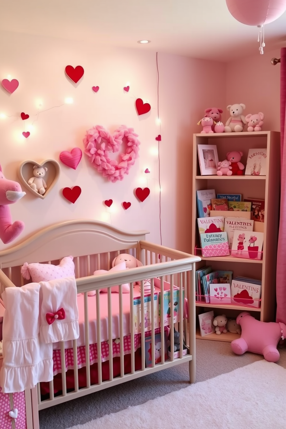 A cozy nursery adorned with Valentine-themed decorations. Soft pastel colors dominate the space, with heart-shaped wall art and plush toys scattered around. A charming bookshelf displays an array of Valentine-themed children's books. The shelves are accented with pink and red decor, creating a warm and inviting atmosphere for reading.