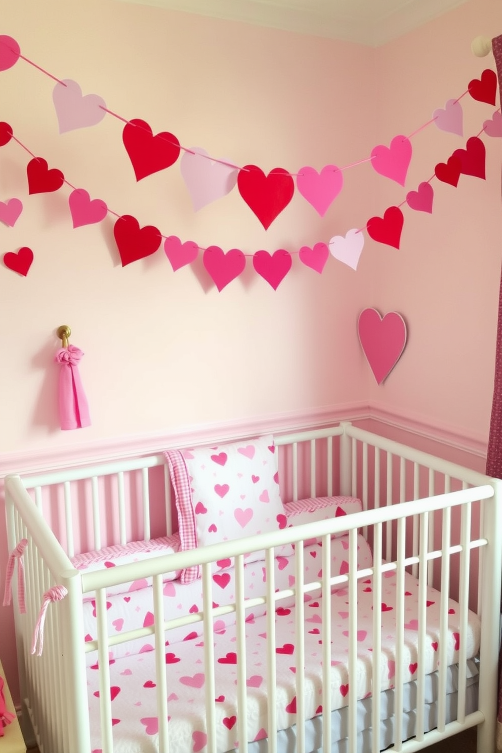 A charming nursery decorated for Valentine's Day features bunting with hearts strung across the room. The walls are painted in soft pastel colors, and a cozy crib is adorned with heart-patterned bedding.