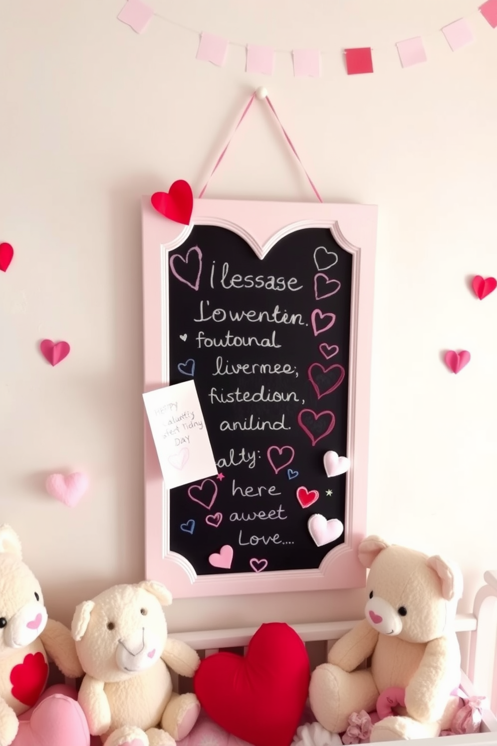 A charming heart-shaped chalkboard hangs on the nursery wall, inviting sweet messages and notes. It is adorned with colorful drawings and surrounded by festive decorations that celebrate Valentine's Day. The chalkboard is framed with soft pastel colors, complementing the gentle theme of the nursery. Plush toys and heart-themed accents are scattered around, creating a cozy and playful atmosphere.