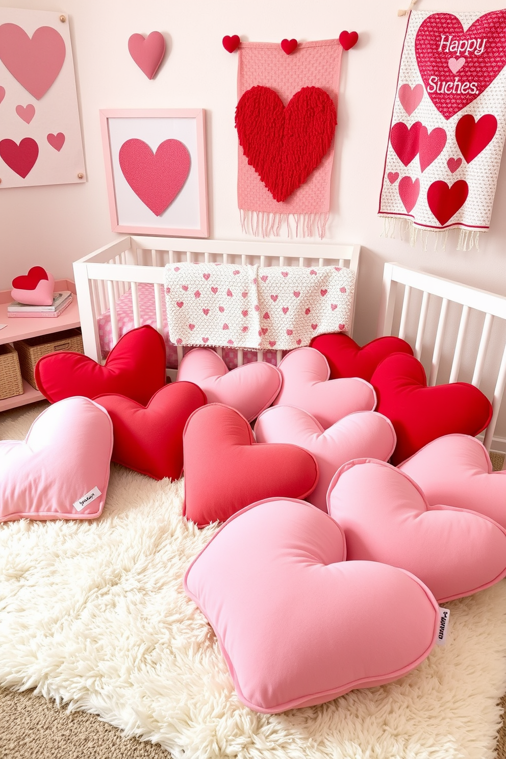 Soft heart cushions in a play area create a cozy and inviting atmosphere for children. The cushions are in various shades of pink and red, adding a playful touch to the nursery for Valentine's Day. The cushions are arranged on a soft, plush rug, providing a comfortable space for playtime. Heart-themed decor, such as wall art and blankets, complements the cushions and enhances the festive theme.