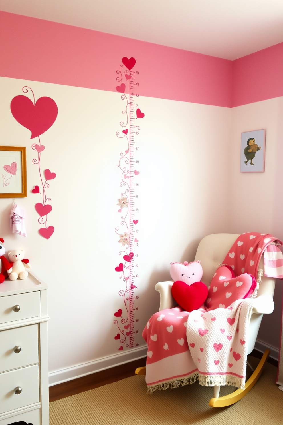 A charming nursery featuring a Valentine-themed growth chart painted directly on the wall. The growth chart is adorned with hearts and floral motifs in soft pinks and reds, creating a warm and inviting atmosphere. Cozy accents include a plush rocking chair draped with a heart-patterned throw blanket. The room is decorated with whimsical wall art and plush toys that celebrate the spirit of Valentine's Day.