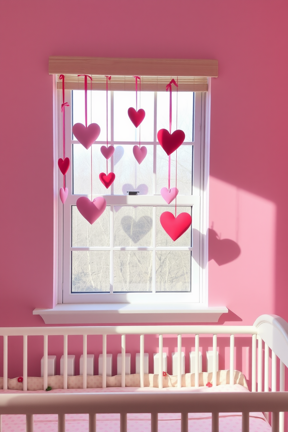 Hanging heart ornaments adorn the window, casting playful shadows across the room. Soft pastel colors dominate the nursery, creating a warm and inviting atmosphere perfect for Valentine's Day celebrations.