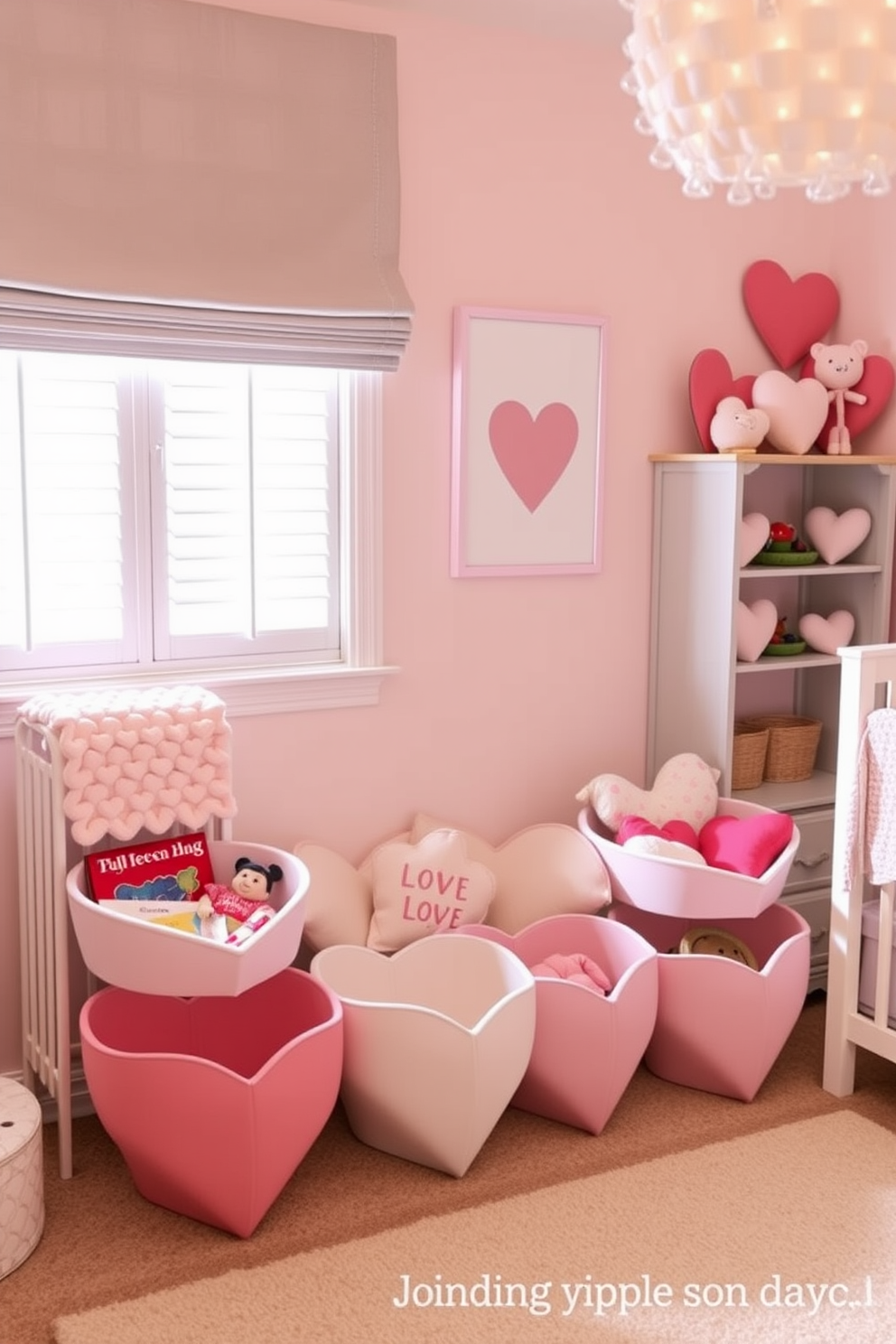 Heart shaped storage bins for toys create a charming and playful atmosphere in a nursery. These bins can be arranged in various colors to complement the overall decor while providing functional storage solutions. For Valentine's Day decorating ideas, consider incorporating soft pastel colors and heart-themed accents throughout the space. Adding cozy textiles and playful wall art can enhance the festive spirit while maintaining a nurturing environment for children.