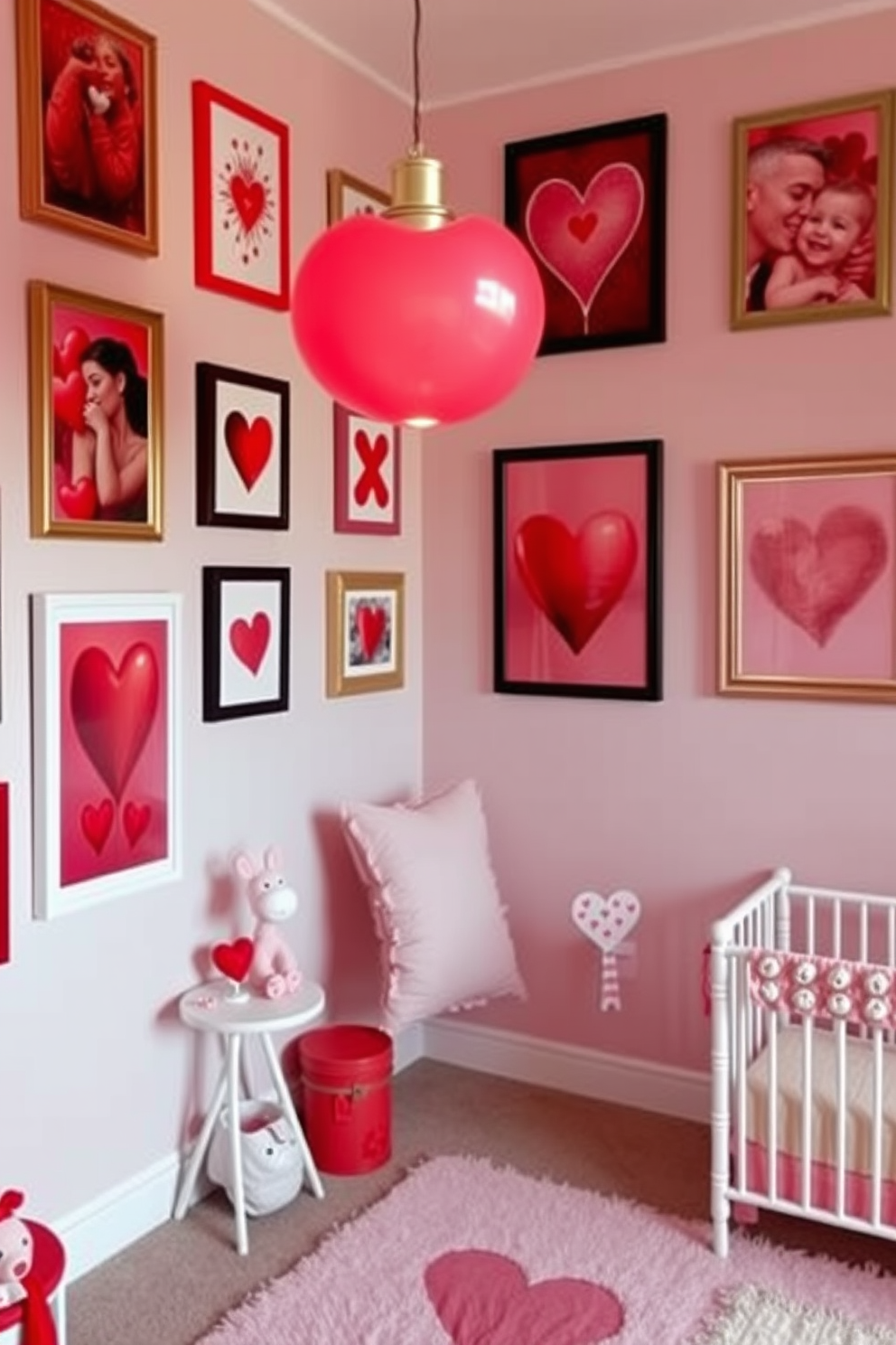 A vibrant artwork gallery featuring various pieces in red and pink hues. The walls are adorned with framed artwork that captures the essence of love and passion, creating a warm and inviting atmosphere. A cozy nursery designed with soft pastel colors and playful decor. Heart-themed accents and gentle lighting create a nurturing space perfect for celebrating Valentine's Day.