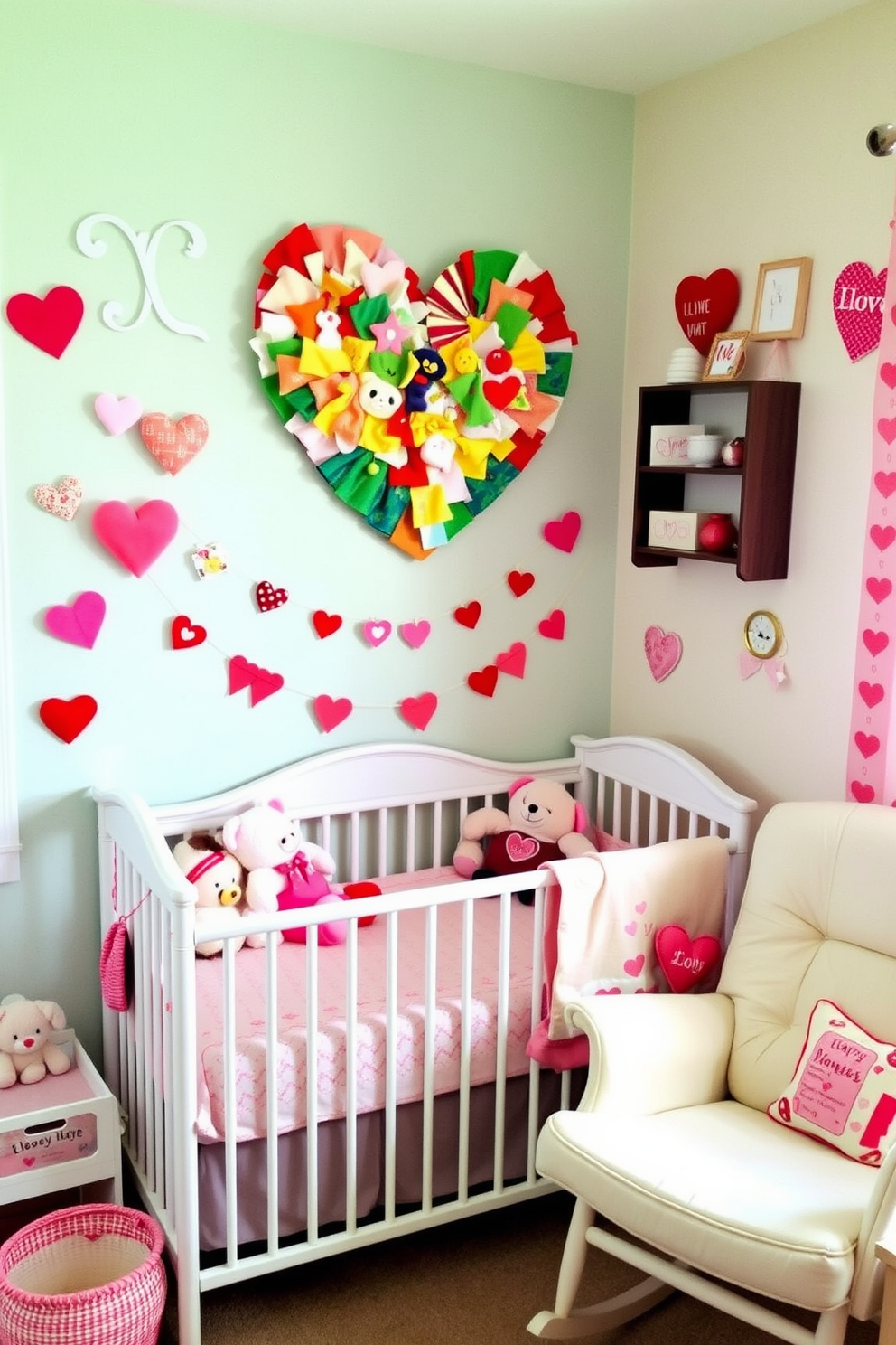 Create a cozy nursery filled with love and creativity. The focal point is a heart shaped wall art made from colorful fabric swatches, hanging above a soft crib adorned with plush toys. Surround the wall art with whimsical decorations that celebrate Valentine's Day. Use pastel colors for the walls and add a comfortable rocking chair in the corner to complete the inviting atmosphere.